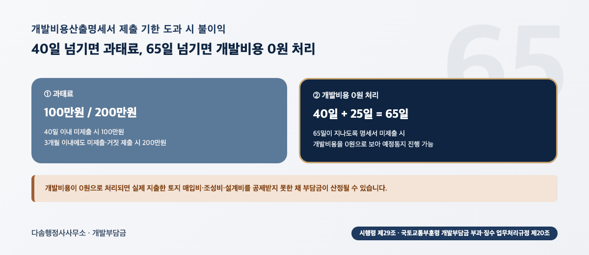 개발비용산출명세서 제출 기한 도과 시 불이익 — 40일 초과 과태료 100만원·200만원, 65일 초과 개발비용 0원 처리